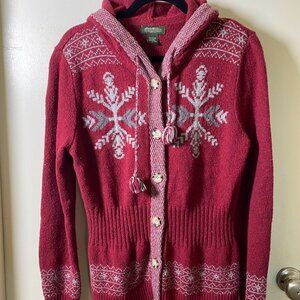 Eddie Bauer Hooded Nordic Snowflake Cardigan Sweater Burgundy Womens Large